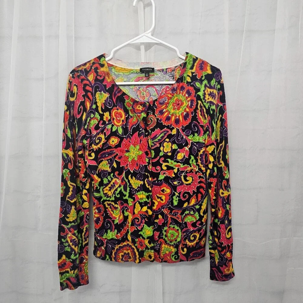 Talbots Cardigan Red Purple Knit Goth Floral Boho Retro Grunge S - Picture 8 of 11